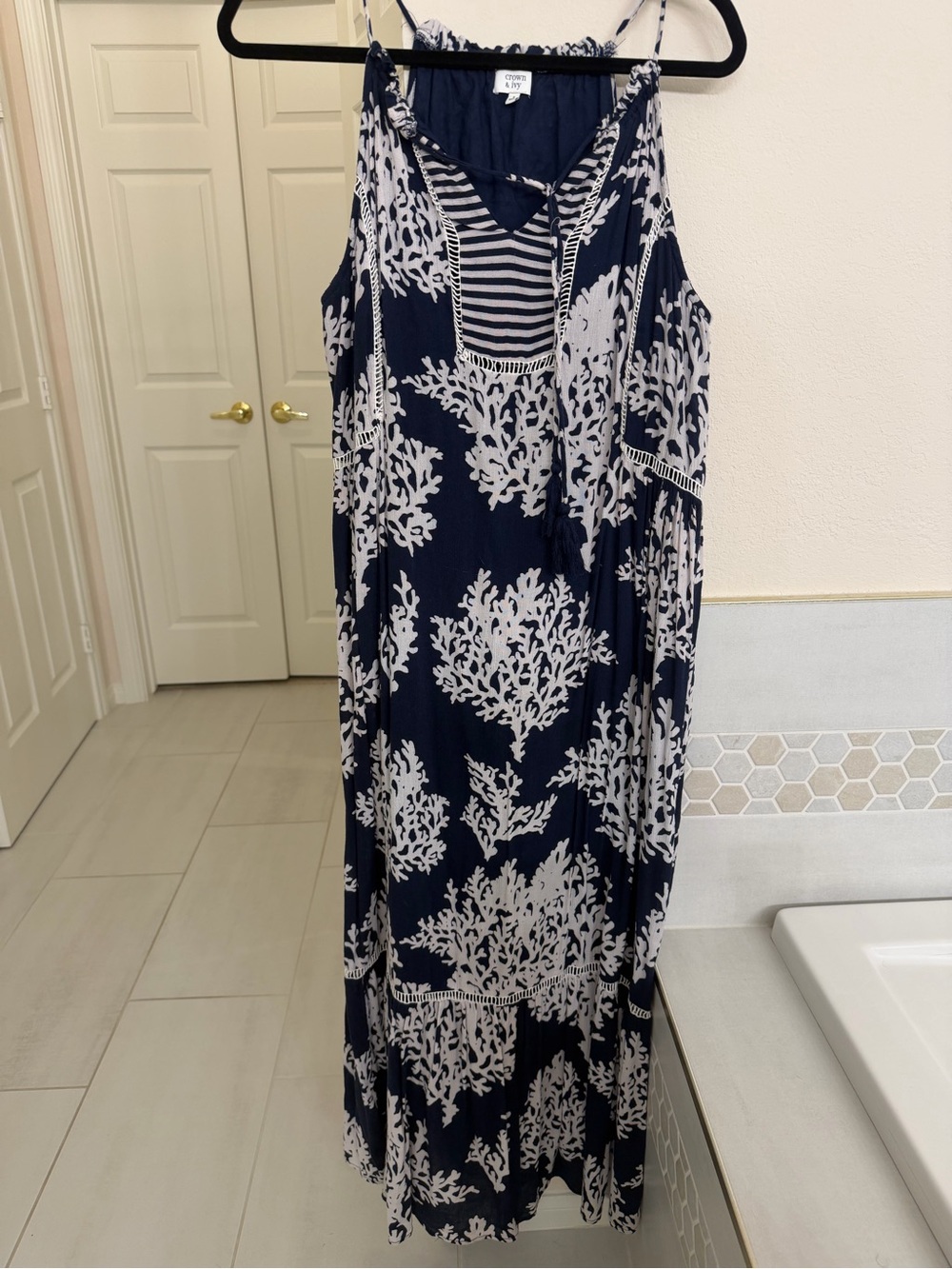 crown & ivy Navy and White Printed Maxi Dress